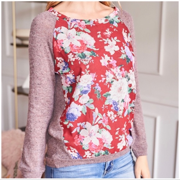 Burgundy Floral Round Neckline Long Sleeve Sz.M/L - Picture 3 of 5